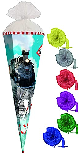 Schultüte - Eisenbahn - Lokomotive - 50 cm - rund - incl. Schleife - mit Tüllabschluß - Zuckertüte Roth - mit/ohne Kunststoff Spitze - für Jungen/Gesc..