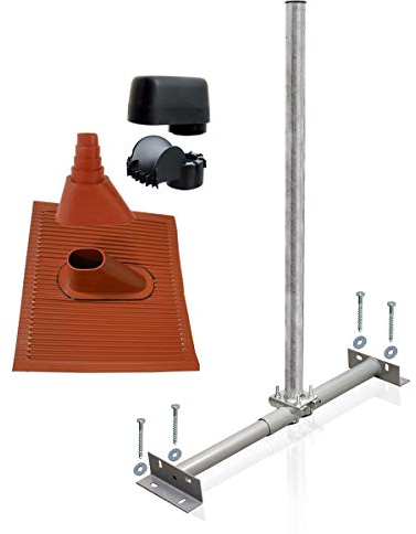 SkyRevolt Dachsparrenhalter Satellitenschüssel Montage Set Sparrenhalter 60mm Mast SAT Alu-Ziegel rot Mastkappe