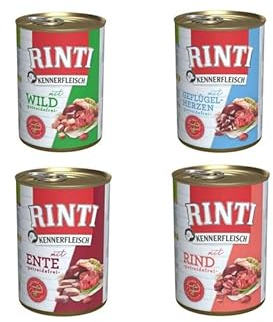 RINTI Kennerfleisch | Hunde Nassfutter | 8x400g | Mixpaket 2x Ente, 2x Rind, 2x Wild, 2x Geflügelherzen | ohne Getreide