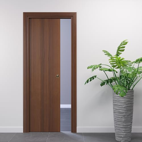 Porte Italiane, Porta Scorrevole Interno Muro, Porta a Scomparsa in Legno, Telaio in HDF e Coprifili Waterproof, Colore Noce Nazionale, 80x210 cm, con Serratura Ottone Lucido