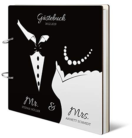 Hochzeit Gästebuch Holzcover 215 x 215 mm 144 Naturpapier Innenseiten personalisiert - Mr & Mrs