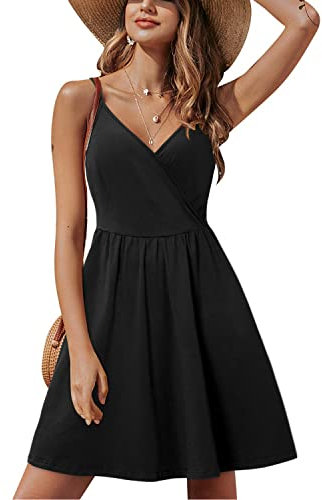 STYLEWORD Women's V Neck Spaghetti Strap Summer Dress Skater Casual Dress Swing Midi Sundress with Pockets(B1-black-429,L)