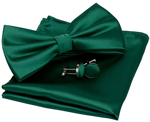 Gusleson Mens Dark Green Wedding Bow tie Double Fold Pre-tied Bowtie and Pocket Square Cufflink Set Accessories (UK0570-10)