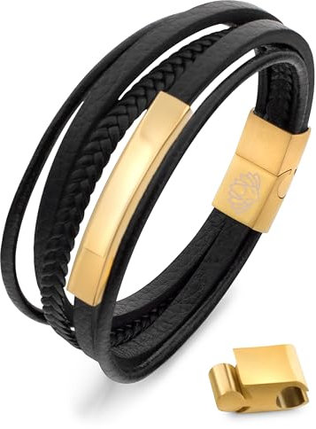 Akitsune The Punisher Synthetisches Lederarmband | Magnetverschluss aus Edelstahl - Geflochtenes Männer Herren Armband inkl. schöner Schmuckschachtel - Gold-Schwarz - 19cm