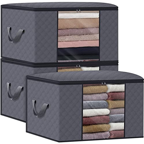 Wiselife Aufbewahrungsbeutel für Decken, Kleidung, 3 Stück, große Kapazität, Aufbewahrungsbehälter für Decken, Bettwäsche, faltbar, 3-lagiger Stoff, #5, Reißverschluss, 100 l, 50 l 100L grau