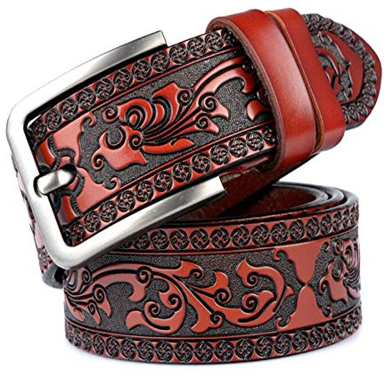 PACDE Cowboy-Gürtel, Leder, mit Dornschließe, Schwarz, Kaffee-Druck, Blume, Herren, rotbraun, 115 cm