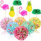 Patelai 60 Stücke Cocktail Party Deko Einschließlich Cocktail Schirmchen 3D Flamingo Ananas Cupcakes Cocktailspieße Papierschirmchen für Getränke Gemischten Farben Palmen Waben Tropische Fruchtdeckel