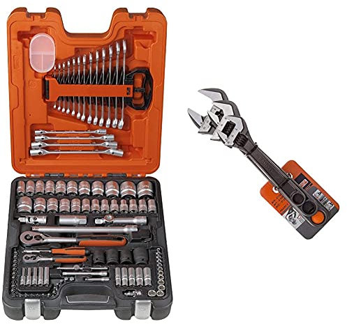 Bahco S106 Socket & Spanner Set, Metric 1/4 & 1/2 Drive, 106 Pieces & BHADJUST 3 ADJ3 Set of 3 Adjustable Wrenches (8070/8071 / 8072), Grey, 16 Degree Head Angle