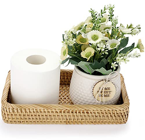 Sumnacon 10 Inch Rattan Bathroom Vanity Tray - Decorative Wicker Toilet Tank Tray for Paper Hand Towel, Vintage Storage Basket Bin for Bathroom Kitchen Toilet Tank Vanity Countertop Table Shelf