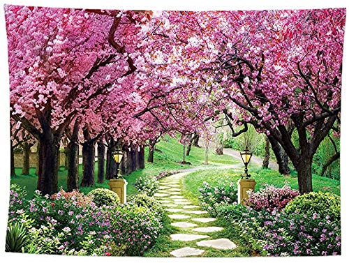 izielad Frühlings Garten Rosa Blumen Baum Kirschblüten Wandbehang Tapisserie für Schlafzimmer Wohnzimmer Wohnheim 150X200CM 59X78.7IN