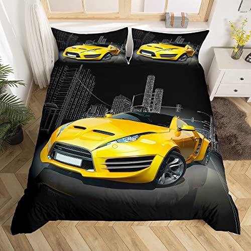 Loussiesd Rennwagen Bettbezug Jungen Sport Bettwäsche Set Gelb Sportwagen Dekor Jungen Mädchen Auto Bettwäsche 135x200cm Mikrofaser Bettwäsche mit Reißverschluss