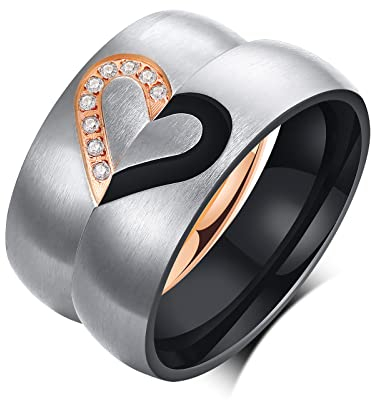 FLHEART Personalisierte Paare Ringe, Gravur Name Edelstahl Seine und ihre passende Herz Versprechen Verlobungsring Set für Herren Damen, Hochzeit Bands für ihn und sie, Geschenke für Valentinstag