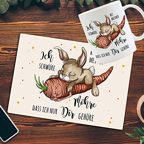 Tasse Becher Frühstücksbrettchen Hase Häschen Spruch schwöre bei Möhre dir gehöre Geschenk Valentinstag Bundle33 - ausgewählte Größe: *1. Tasse + Frühstücksbrett*