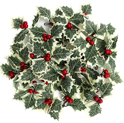 BELLE VOUS Künstliche Stechpalmen-Rote Beeren Deko mit Grünen Blättern (30 STK) - Rote Beeren Zweige für Weihnachts-/Hochzeitsparty-Dekoration, Bastelarbeiten & Geschenkanhänger & Adventskranz Deko