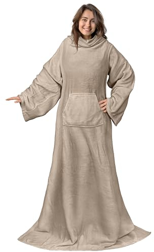 PAVILIA Premium Fleece Blanket with Sleeves for Women Men Adult, Wearable Blanket Warm Cozy, Super Soft Sleeved Throw with Arm, Gift for Women Mom Wife (Taupe, Kangaroo Pocket)