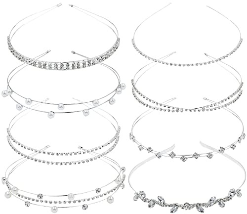 8 Stück Strass Perle Glitzer Sparkly Fancy Silber Metall Stirnbänder Doppelhaarbänder Verschlüsse Slim Dünn Skinny Hart Haarbänder Haarreifen Kreuzbänder Krone Tiara Haarhalter Kopfschmuck für Frauen