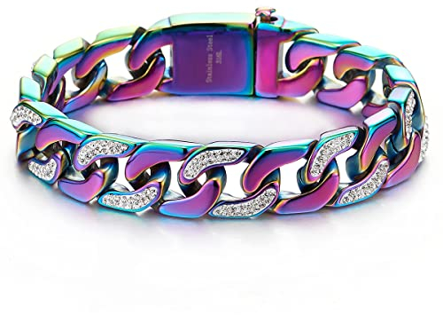 COOLSTEELANDBEYOND Top-Qualität Edelstahl Panzerkette Herren Armband mit Zirkonia, Regenbogen Bunter Hochglanz Poliert
