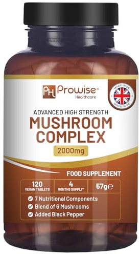 Advanced Mushroom Complex 2000mg | A Super Blend of 6 Mushrooms with Lion's Mane, Chaga, Cordyceps, Shiitake, Reishi and Maitake with Black Pepper | 120 Vegan High Strength Tablets UK Made by Prowise