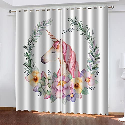 TFLABS Fenster Vorhang Schlaufen-Vorhang 2 Stück x 110 B x 215cm H Blumen & Einhörner Dekorative Gardine Schlaufenschal Fenster-Schal