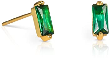 namana Zierliche goldene Baguette-Ohrstecker aus 925 Sterlingsilber mit smaragdgrünen Zirkonia-Steinen, kleine Ohrringe für Damen und Mädchen, vergoldete Mini-Ohrstecker für Frauen