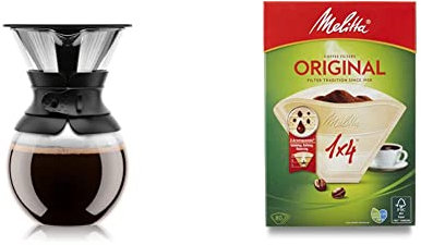 BODUM Pour Over Coffee Maker with Filter, Borosilicate Glass - 1.0 L, Black & Melitta 6658076 Pack Original Size 1x4, 80, Filter Coffee Makers, Brown, Paper