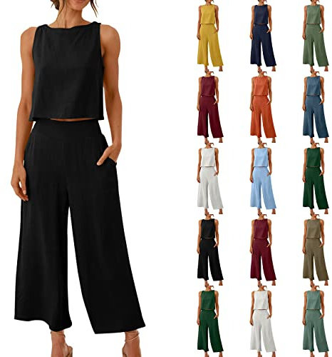EMATOP 2 Teiler Hosenanzug Damen Elegant Zweiteiler Outfit Sommer Ärmelloses Tank Top und Hose Trainingsanzug Baumwolle Leinen Freizeitanzug mit Taschen Sportanzug Leicht Einfarbig Loungewear