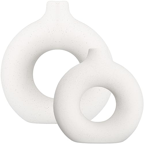LoQuick Vaso in ceramica, Vaso per fiori in ceramica bianca, Vaso per erba di pampa, Vaso moderno a ciambella, Vaso per fiori secchi, Vasi rotondi per la decorazione della casa, Set di 2