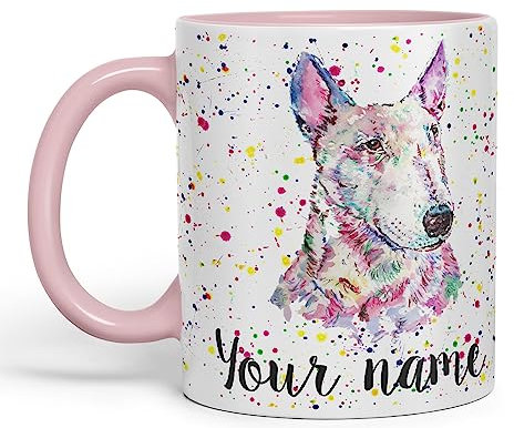Vixar Taza de cerámica personalizada con su texto Bully English Bull Terrier perro mascota animales acuarela arte colorido taza regalo 330ml 11oz trabajo personalizado oficina té café (rosa)