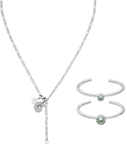 Purelei® Ohana Schmuckset, Damen Schmuckset aus langlebigem Edelstahl, Wasserfeste Halskette und individuell einstellbare Ringe mit Schmucksteinen (Silber)