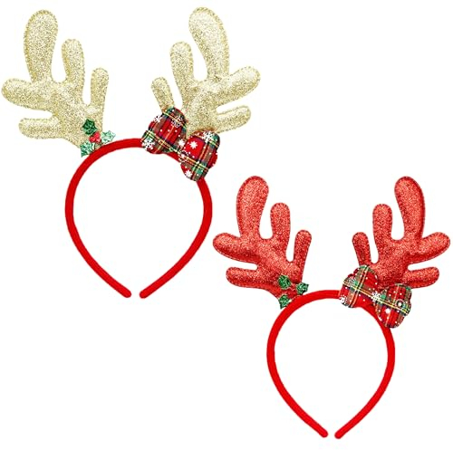 dressfan 2 Stücke Weihnachten Stirnband, Phantasie Neuheit Pailletten Rentier Geweih Kopfbedeckung Haarband Weihnachten Weihnachtsfeier Zubehör Dekorationen Geschenke für Kinder Erwachsene