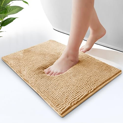 Moonlight Bedding Bath Mat Non Slip Anti Mould - Chenille Shower Mat Beige 40 x 60 cm Super Absorbent Bathroom Mat Machine Washable Extra Soft Fluffy Bathmat