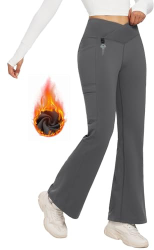 baleaf Damen Yogahose Lang Jazzpants Tanzhose Crossover Flare Leggings Warm Bootcut Leggings Yogahose High Waist mit Taschen Dunkelgrau L