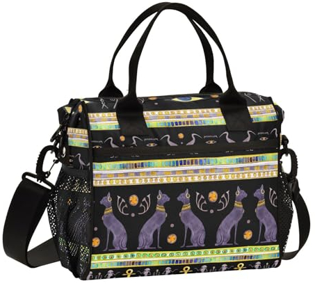 Mnsruu Bolsa de almuerzo aislada con gatos egipcios, lonchera negra para mujer, bolsa de almuerzo grande, bolsa térmica reutilizable con correa para el hombro, trabajo, escuela, picnic