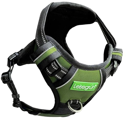 Leisegrün Brustgeschirr Corby Reflect, Hundegeschirr große Hunde, 3 Metallringe, kein Ziehen, reflektierend, mit Frontclip und Griff, verstellbar, Größe XL, Grün
