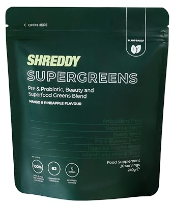 SHREDDY | Probiotic, Beauty, Superfood Greens Blend | 5 Billion Probiotics, 100% NRV Vitamins | 62 Nutrient-Rich Ingredients | Vegan-Friendly | Mango & Pineapple Flavour