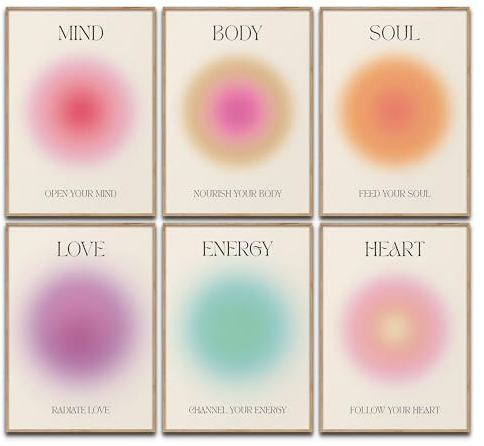 Mind Body Soul Poster Set Achtsamkeit Aura Farben Yoga Wanddeko Inspirierende Bilder Mindfulness Schlafzimmer Deko Wohnzimmer Dekoration Homeoffice Achtsamkeitsposter (6x A4 | Ohne Rahmen)