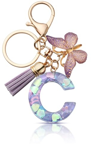 CHUQING Porte-clés avec lettre porte-clés fille initiale cadeau femmes porte-clés papillon, violet, Violet C., S