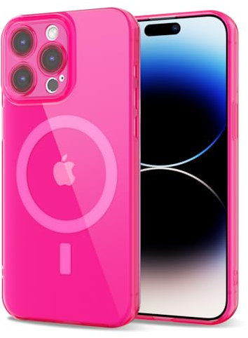Svanove for iPhone 14 Pro Case Clear Compatible with Magsafe, Fluorescent Transparent Magnetic Magnet Mag Case, Slim Thin Bright Silicone Grip & Shockproof Bumper Camera Cover, Neon Hot Pink