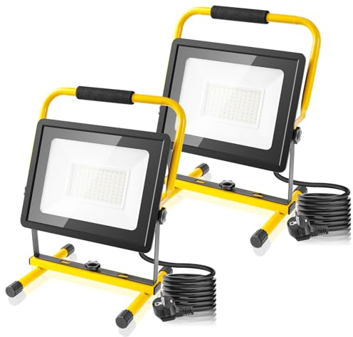 2 Pack LED Baustrahler,100W 10000LM Arbeitsleuchte,6500K kaltweiß Baustellenlampe mit Stecker,IP66 Wasserdicht LED Strahler,3M Kabel Baulampe Arbeitsscheinwerfer für Werkstatt Baustelle