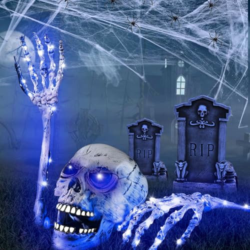 Halloween Skelett Deko, 18 Stück Leuchtende Skelett Totenkopf, Dekoration für Halloween, Gruselparty Dekoration mit Lichterkette, Spinnenweben Deko, Schädel, LED-Skeletthand & Realistische Spinne