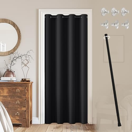 JCyh Rideau Occultant avec Barre sans Perçage, Rideau Separation de Piece avec Bouton Magnétique Thermiques Isolants Anti Froid et Chaleur,Noir