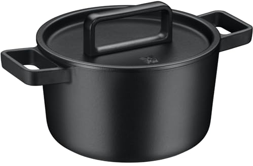 WMF Flavour Bräter 22 cm, Gusseisen Bräter Induktion, Gusseisen-Kochgeschirr, emailliert, Gusseisen Topf, Gussdeckel, Schmortopf, Deckel mit Kondensationsnoppen, moderne Eleganz, schwarz