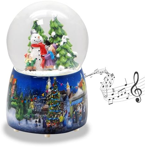 Schneekugel Weihnachten Spieluhr | Kinder Bauen Schneemann | Sockel Weihnachtsmarkt mit Polyhaus | mit Musik | H:14 cm B: 10 cm | Schüttelkugel | 20260