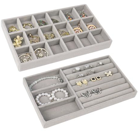Nwvuop 2 Pack Jewellery Organiser Tray, Stackable Velvet Jewellery Trays Earring Organiser for Drawer, Jewellery Storage for Ring, Earring, Necklace,Grey