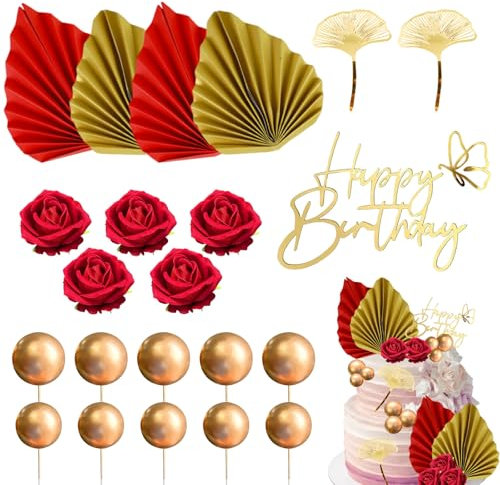 23 Stück Rote Rose Kuchendekoration Boho Queen Geburtstag Kuchen Dekoration Ginkgo Palmblätter Kuchen Dekoration für Hochzeit Geburtstag Verlobung Brautparty Valentinstag