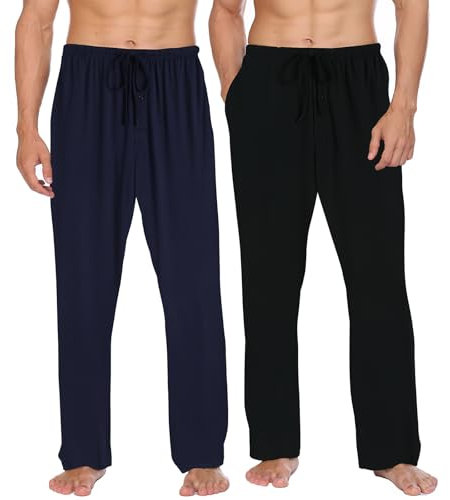 Ekouaer Lot de 2 pantalons de pyjama pour homme long à carreaux Pantalon de pyjama chaud d'hiver Pantalon de loisirs doux Noël avec poches cordon serrage Bleu Blanc + Noir Blanc Carreaux M