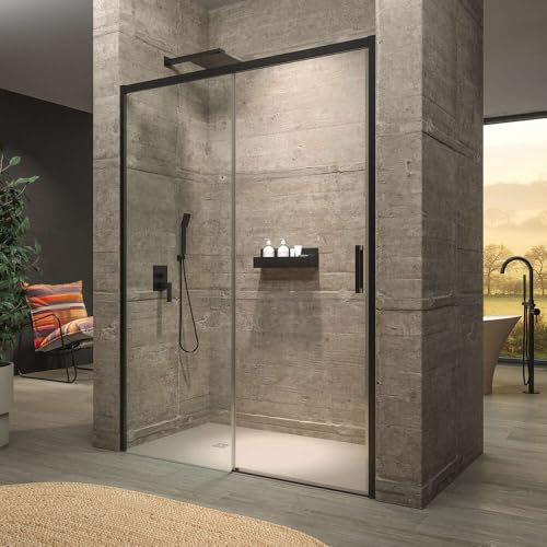 VAROBATH | Mampara de Ducha SLIM Frontal Fijo + Puerta - Vidrio Templado de Seguridad 6mm con Tratamiento Antical | Reversible (Perfilería Negro Mate, 137-141 x 195)