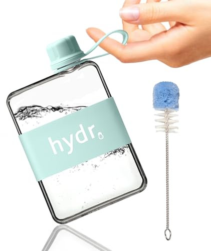 hydr™ v2 Flat Water Bottle For Handbag & Flexible Cleaning Brush | 500ml Tritan BPA Free Slim Travel Water Bottle, Small cute plastic Hip Flask