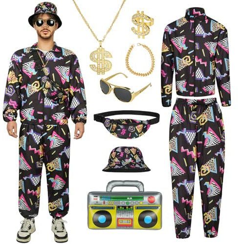 AYBUY Disco Kostüm Set, 9-teiliges Disco-Outfit inklusive Langarmshirt, Hose, Hut, Gürteltasche, Halskette, Armband, Ring, Sonnenbrille und aufblasbarem Radio, für eine 70er-Jahre-Party(L-Schwarz)