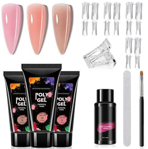All-in-One Poly Gel Nail kit - 15ml 3-color extension set for beginners, Includes poly gel, builder gel, nail clips, and art tools, Perfect for DIY extensions